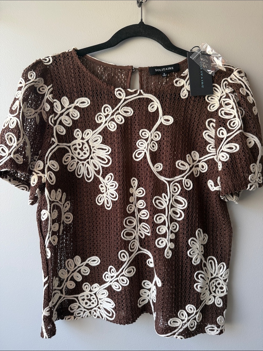 Solitaire Brown Crochet Top with Cream Floral Appliqué small coastal